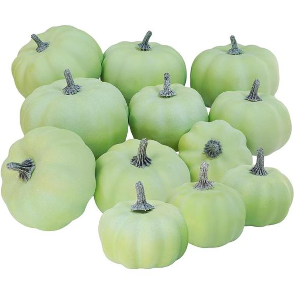 12Pc Assorted Small Artificial Pumpkins Light Green Faux Pumpkins Rustic Harvest